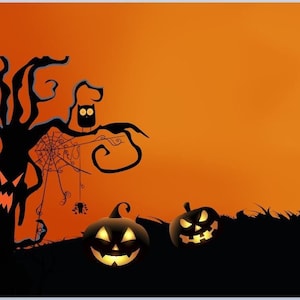 Breiter Halloween Hintergrund | Digitale Tapete | Orange und Schwarz | Kürbisse Fun | JPG Sofort Download