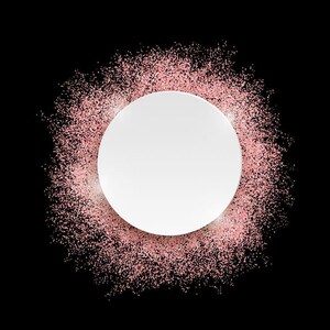 Puede incluir: Un círculo blanco sobre un fondo de purpurina rosa. El círculo está en blanco y se puede usar para texto o imágenes.