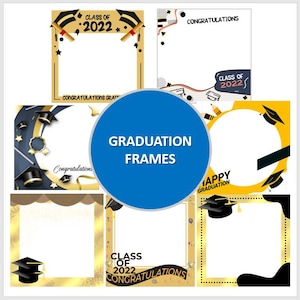 Op de afbeelding: Zes fotohokje-frames met verschillende ontwerpen voor de afstuderen. De frames zijn versierd met afstudeerhoeden, sterren en de tekst "Klas van 2022" en "Gefeliciteerd".