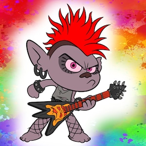 May include: A cartoon illustration of a grey troll with red spiky hair playing a black electric guitar with a yellow skull design. The troll is wearing a black and white fishnet shirt and black fishnet leggings. The background is a colourful watercolour wash.