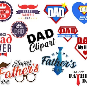 Puede incluir: Una colecci&oacute;n de im&aacute;genes digitales de clipart coloridas con la palabra "DAD" en varios estilos y dise&ntilde;os. Algunas im&aacute;genes incluyen el texto "Feliz D&iacute;a del Padre" y "Mi h&eacute;roe".