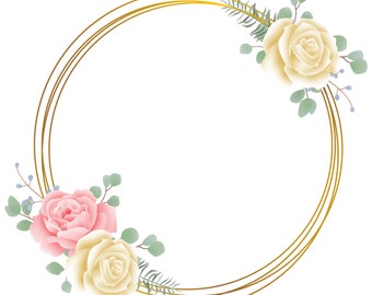 Yellow Gold Pink Floral Watercolor Gold Circle circle, border, wedding frame, PNG & JPG, Instant downloads