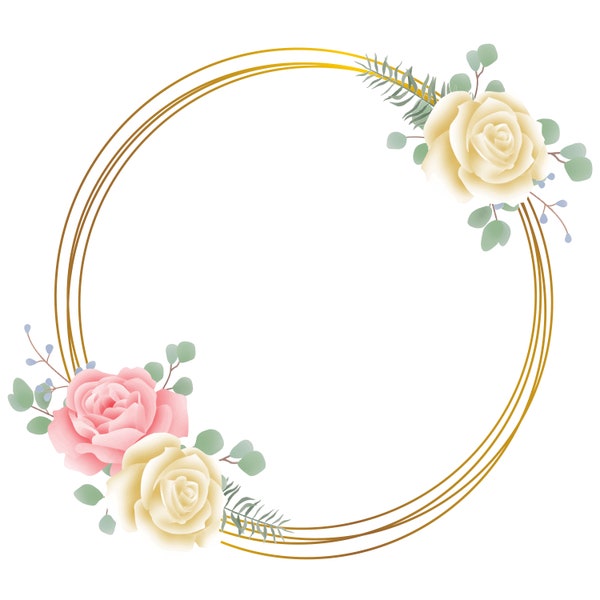 Yellow Gold Pink Floral Watercolor Gold Circle circle, border, wedding frame, PNG & JPG, Instant downloads