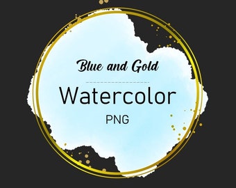 Blue Watercolor | Gold Circle | Clipart | border frame | PNG and JPG Instant Downloads