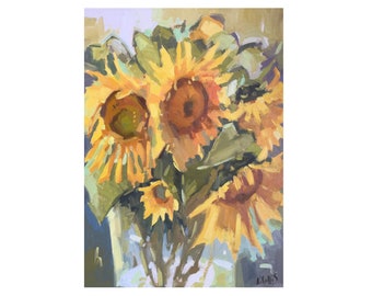 Vase Of Sunflowers. 7''x5'' Art Greetings Card. Quality printed card, blank inside.