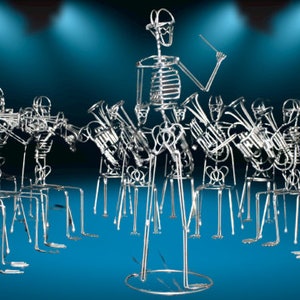 May include: A group of silver skeleton figures playing musical instruments. The skeletons are sitting on chairs and holding trumpets, trombones, and other instruments. The skeleton in the center is standing and conducting the orchestra.