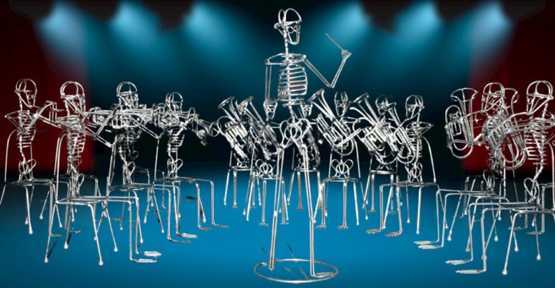 May include: A group of silver skeleton figures playing musical instruments. The skeletons are sitting on chairs and holding trumpets, trombones, and other instruments. The skeleton in the center is standing and conducting the orchestra.