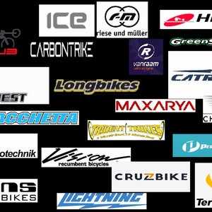 May include: A collage of logos for various recumbent bicycle brands, including Catrike, Hase Bikes, Longbikes, TerraTrike, and more. The logos are displayed on a black background.
