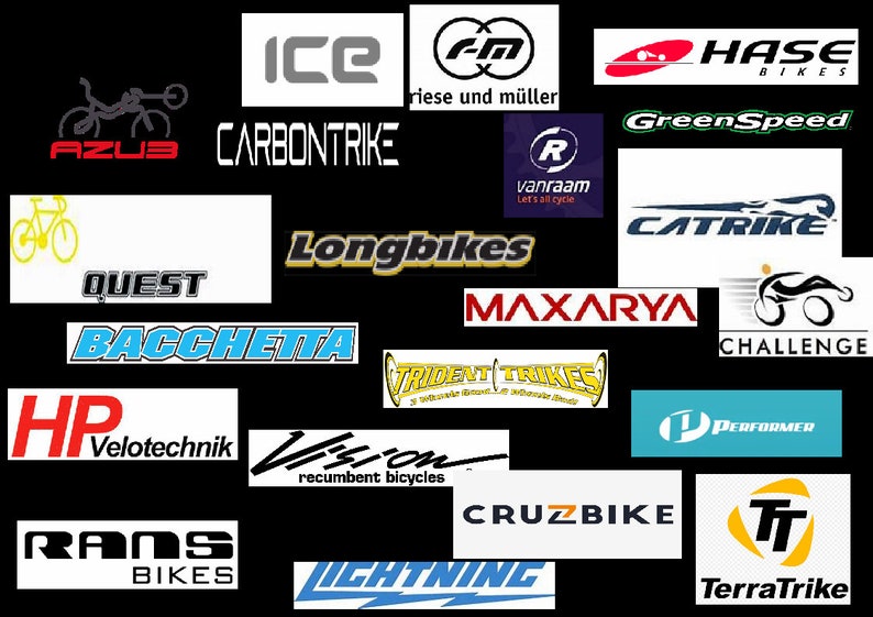 May include: A collage of logos for various recumbent bicycle brands, including Catrike, Hase Bikes, Longbikes, TerraTrike, and more. The logos are displayed on a black background.