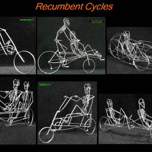 May include: A collection of six different recumbent bicycles made of wire. The bicycles are all in various stages of assembly and are shown in a black background. The title "Recumbent Cycles" is displayed at the top of the image.