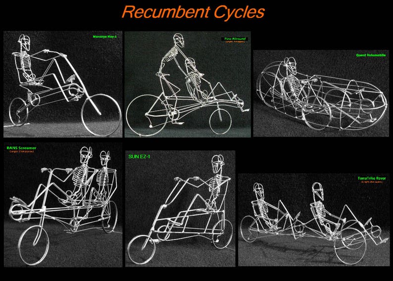 May include: A collection of six different recumbent bicycles made of wire. The bicycles are all in various stages of assembly and are shown in a black background. The title "Recumbent Cycles" is displayed at the top of the image.