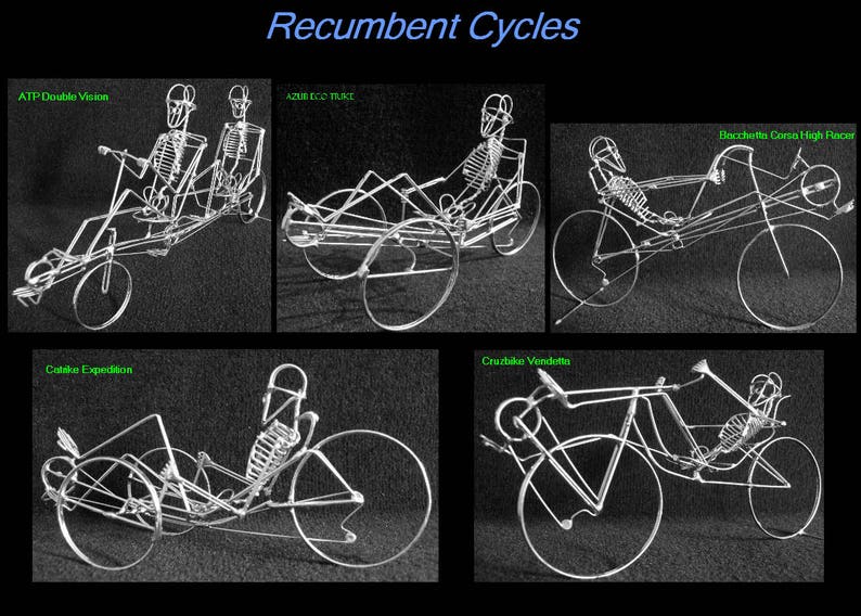 May include: A collection of five different recumbent bicycles, each with a skeletal rider, displayed against a black background. The bicycles are labeled with their names: ATP Double Vision, AZUR ECO TUKI, Cruzbike Vendetts, Cntake Expedition, and Bacchetta Corsa High Racer.