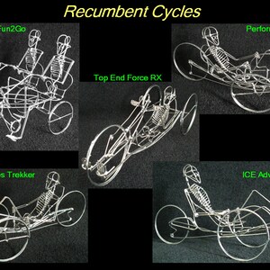 May include: A collage of five wire sculptures of recumbent bicycles. Each sculpture is made of silver wire and depicts a skeleton riding the bicycle. The names of the bicycles are labeled above each sculpture: Van Raam Fun2Go, Performer JC-26X, Trident Trikes Trekker, Top End Force RX, and ICE Adventure HD.