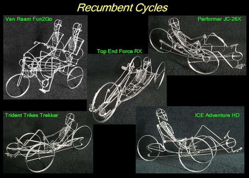 May include: A collage of five wire sculptures of recumbent bicycles. Each sculpture is made of silver wire and depicts a skeleton riding the bicycle. The names of the bicycles are labeled above each sculpture: Van Raam Fun2Go, Performer JC-26X, Trident Trikes Trekker, Top End Force RX, and ICE Adventure HD.