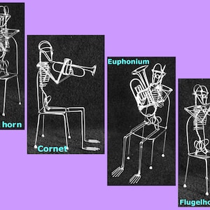May include: Four wire sculptures of skeletons playing different brass instruments. The skeletons are sitting on chairs and holding a baritone horn, a cornet, a euphonium, and a flugelhorn.