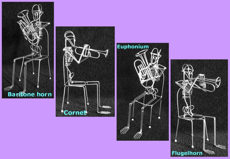 May include: Four wire sculptures of skeletons playing different brass instruments. The skeletons are sitting on chairs and holding a baritone horn, a cornet, a euphonium, and a flugelhorn.