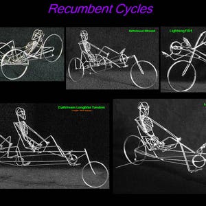 May include: A collection of silver wire sculptures of recumbent bicycles. The sculptures are detailed and include the rider's skeleton. The titles of each sculpture are included in the image: "ICE VTX", "Kestrel Aerospeed", "Lightning P84", "Gulfstream Longbike Tandem", and "Lightning Slipstream".