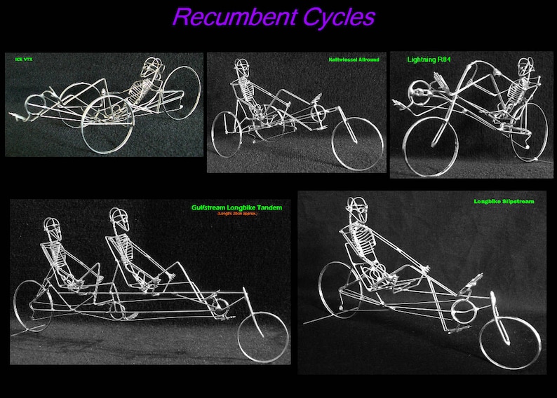 May include: A collection of silver wire sculptures of recumbent bicycles. The sculptures are detailed and include the rider's skeleton. The titles of each sculpture are included in the image: "ICE VTX", "Kestrel Aerospeed", "Lightning P84", "Gulfstream Longbike Tandem", and "Lightning Slipstream".
