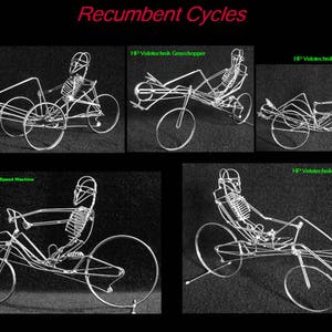 May include: Five different recumbent bicycles made of wire. The bicycles are all in various poses, with the riders sitting in a reclined position. The bicycles are all labeled with the name of the model.