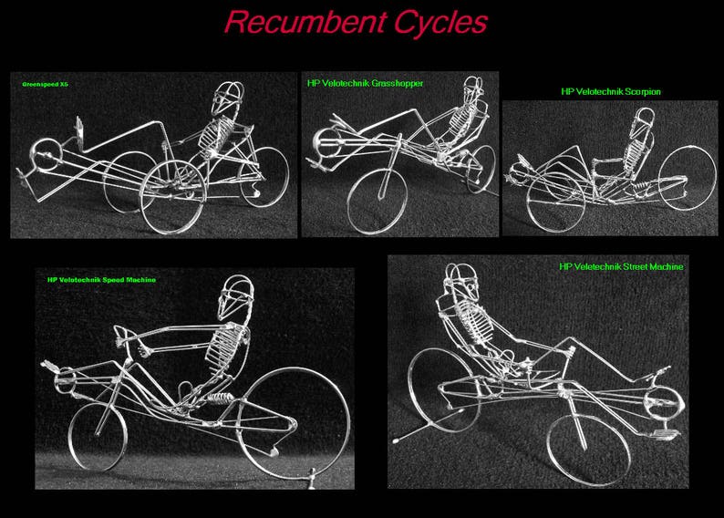 May include: Five different recumbent bicycles made of wire. The bicycles are all in various poses, with the riders sitting in a reclined position. The bicycles are all labeled with the name of the model.