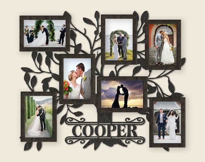 Family Tree 7 photo Collage with Name Sign | Stained Personalized photo frame, Family photo collage, Photo collage frame, Picture collage