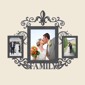 Custom Painted Fleur-de-Lis Triple Frame with Engraved Wedding Photo Display