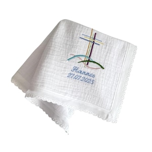 Christening gift embroidered muslin cloth & handkerchief for baptism personalized baby gift traditional soft