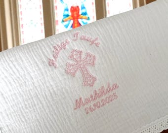 Embroidered muslin cloth for baptism - Keepsake/gift cloth for baptism with name and date