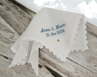 Handkerchief Tears of Joy Wedding with Lace & Custom Text - Personalized Gift Idea Bride and Groom Tears Cloth