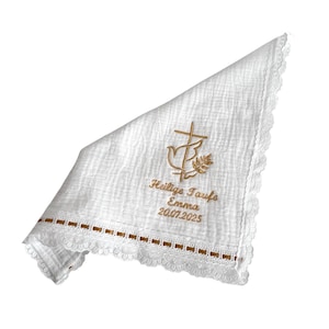 Baptism muslin handkerchief personalized in desired color with Christian symbolism – gift for baptism & baby celebration handmade
