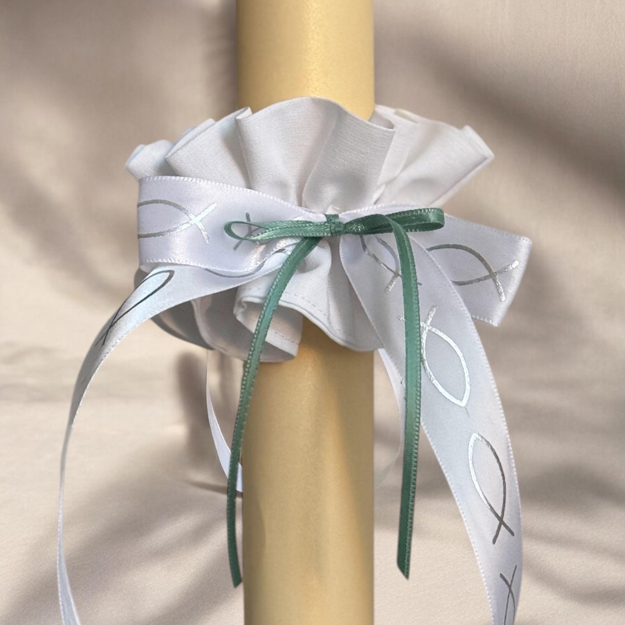 2 Candele Per Comunione, Antigoccia, Con Ghirlanda Di Organza E Pesce