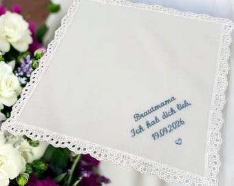 Handmade cotton handkerchief with lace – personalized with your desired text & color