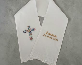 Mantón de bautizo personalizado, de algodón con encaje | Bordado con nombre y fecha | Regalo de bautizo para bebé | Banda de bautizo para niños y niñas