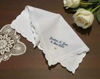 Handmade cotton handkerchief with lace – personalized with your desired text & color