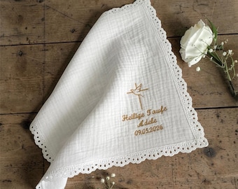 Taufe Taschentuch personalisiert in Wunschfarbe mit christlicher Symbolik