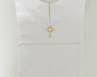 Christening gown christening gown with golden cross and hemstitch embroidered with name and date of christening christening gown christening