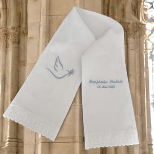 Embroidered baptismal shawl with dove and name