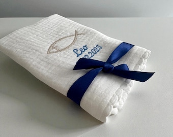 Personalized muslin cloth with fish symbol for baptism - christening cloth