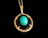 14K Gold Filled and Onyx Egyptian Scarab Pendant Necklace Green Carved Glass Beetle Scalloped Frame
