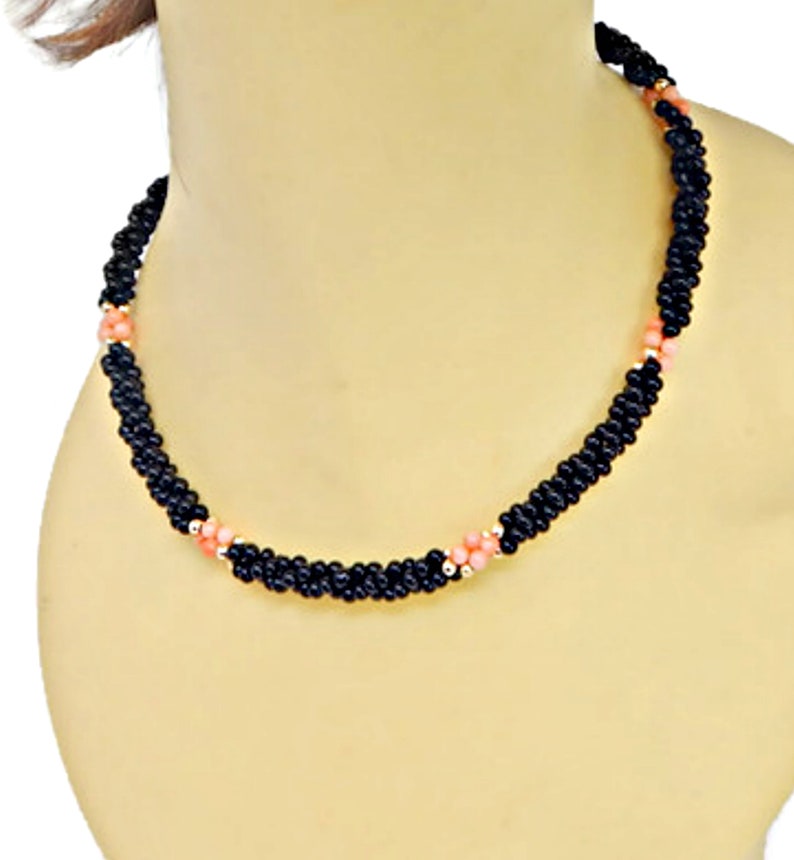 Onyx Bead Necklace Vintage Jewelry Black Onyx and Pink Coral Necklace Gemstone Bead Necklace Beaded Necklace Coral Bead Necklace