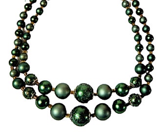 Multi Strand Bead Choker Necklace Green Matte and Sugar Beads Signed Japan Vintage Jewelry Mid Century