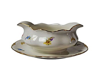 Warwick China Gravy Boat w Attached Underplate, 24K Gold Trimmed, Warwick Floral Sauce Boat, Made In USA, Vintage 1940s