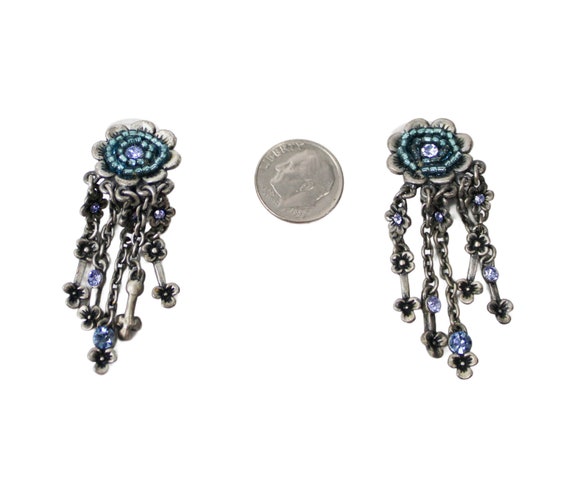 Dangle Blue Rhinestone Flower Earrings Oxidized S… - image 3