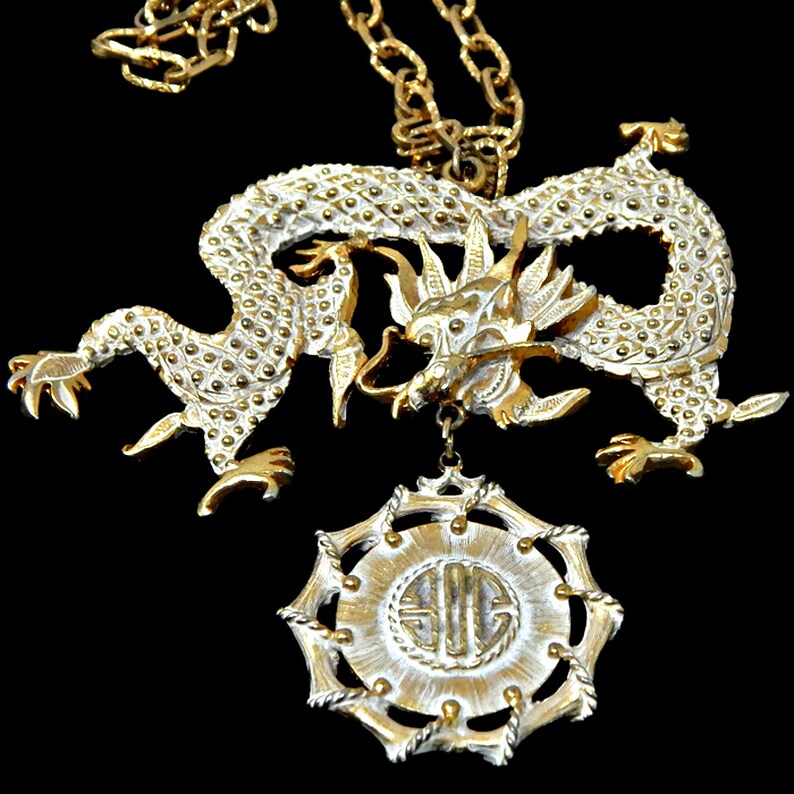 Signed Hobe Chinese Dragon Massive Pendant White Wash Over Gold Tone Statement Necklace Dangle Medallion