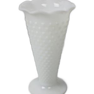 Vintage White Milk Glass Hobnail Vase: Scalloped Edge, Footed, 9.5&quot; Tall