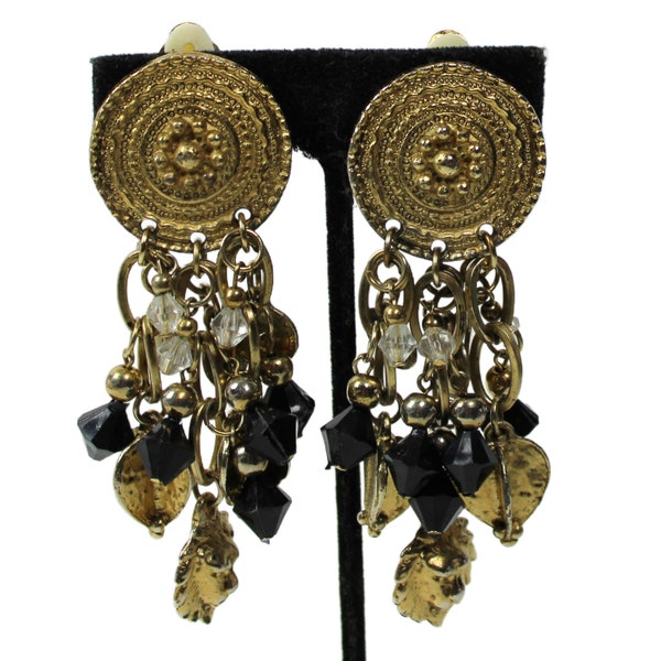 Long Dangle Earrings Charms and Crystals Etruscan Style Gold Tone Clip On Vintage Statement Jewelry