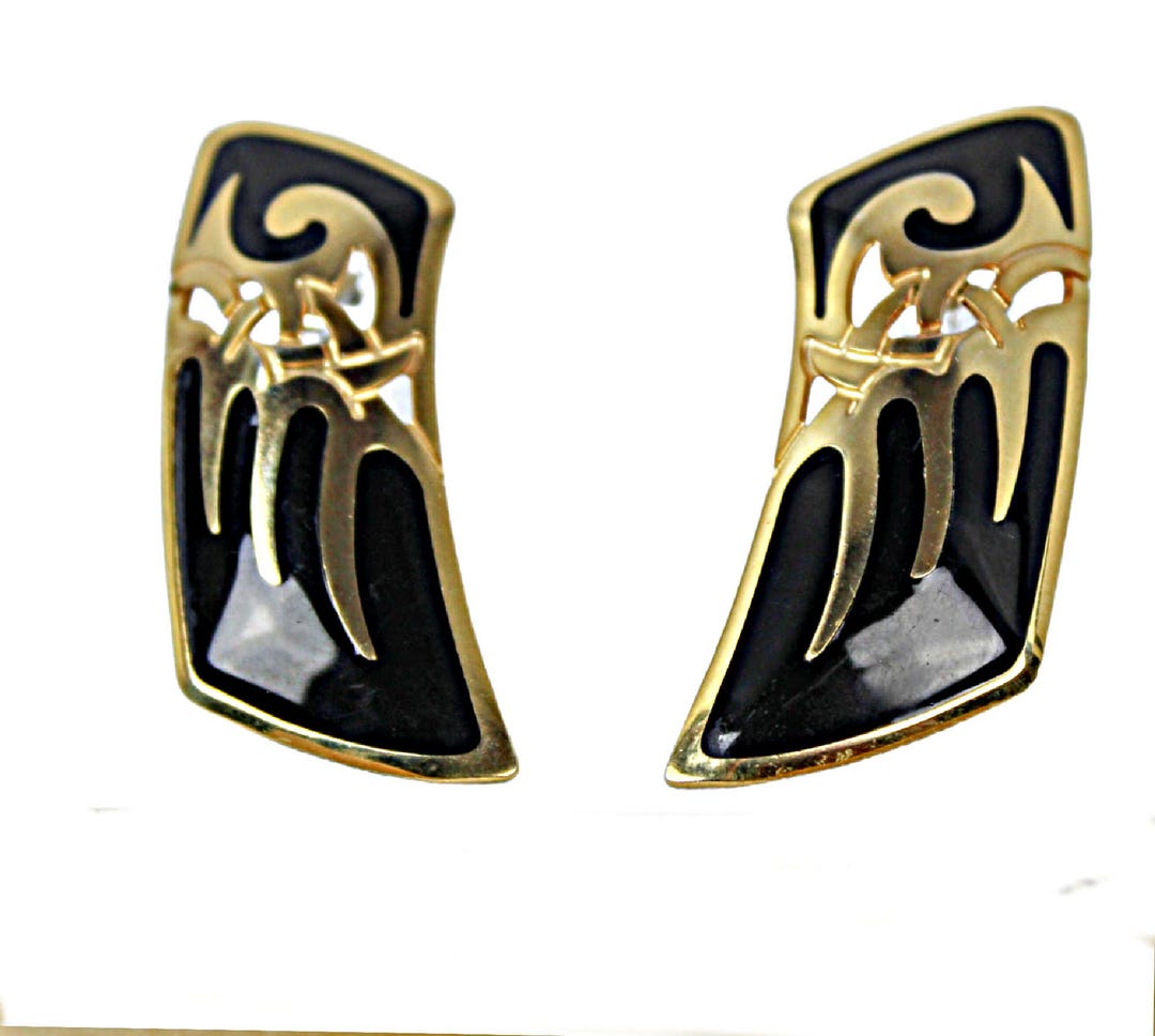 Vintage Edgar Berebi Earrings, Black Enamel on Gold Tone, Posts Pierced ...