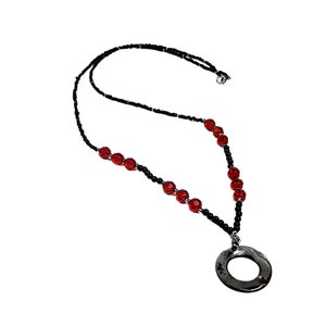 Black Mother of Pearl Pendant Necklace: Red Crystal & Glass Bead Vintage Jewelry