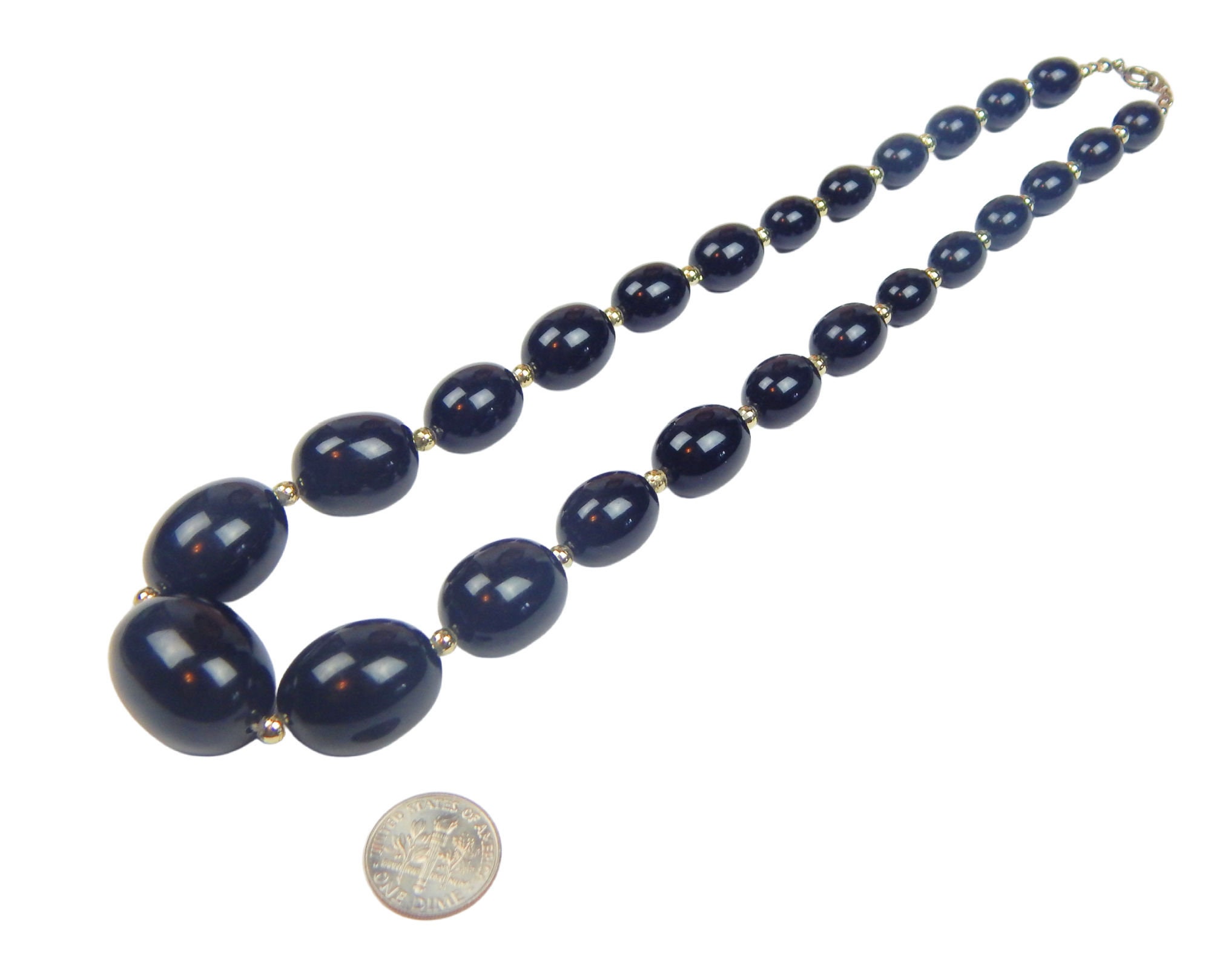 Chunky Black Bead Necklace, Oval Black Beaded Necklace With