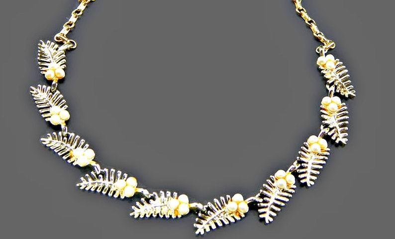 Cut Out Leaves Necklace with White Pearl Berries Gold Tone Signed Coro Vintage Mid Century